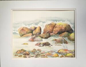 Painting of a rocky shoreline