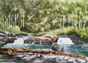Painting of a two people sitting by a stream in the woods