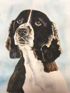 Painting of a black and white dog