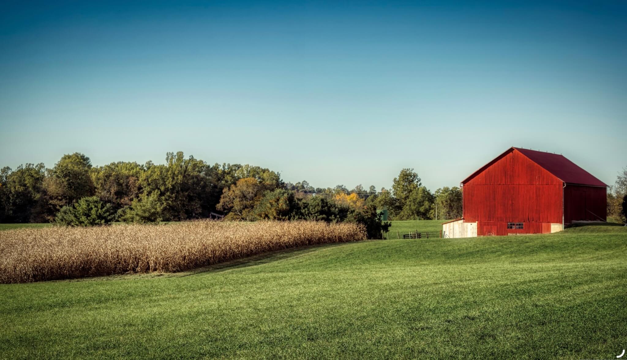 Photo of a red barn and farm field.