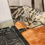 Painting of a gray tabby cat next to a laptop