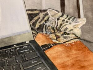 Painting of a gray tabby cat next to a laptop