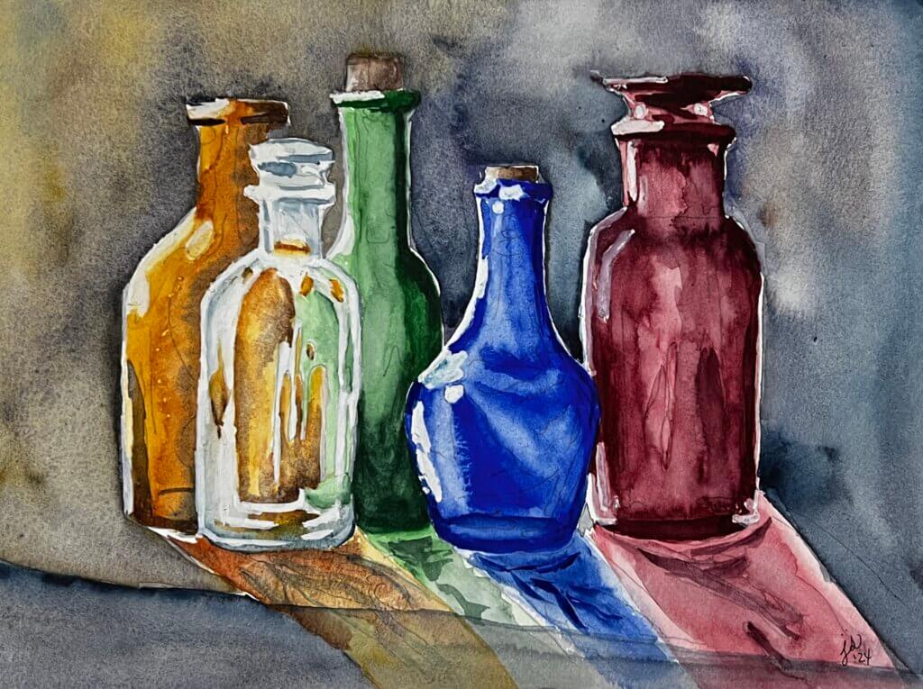 Painting of assorted colorful glass bottles