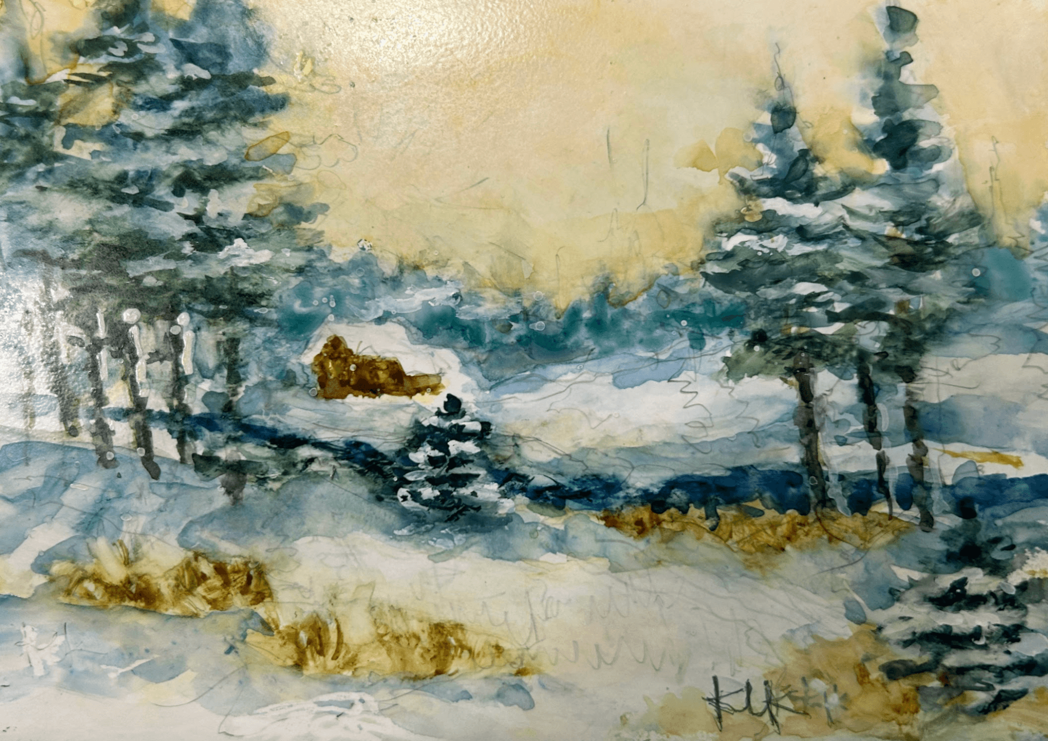 Hand painted holiday card - cabin in snowy woods.