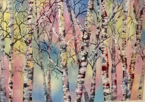Birch trees with a pastel background