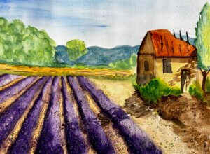 Painting of a lavender field and small cottage