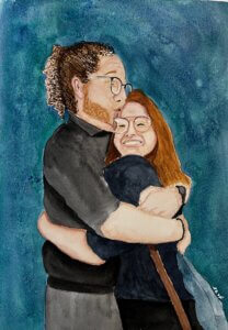 Painting of a couple hugging.